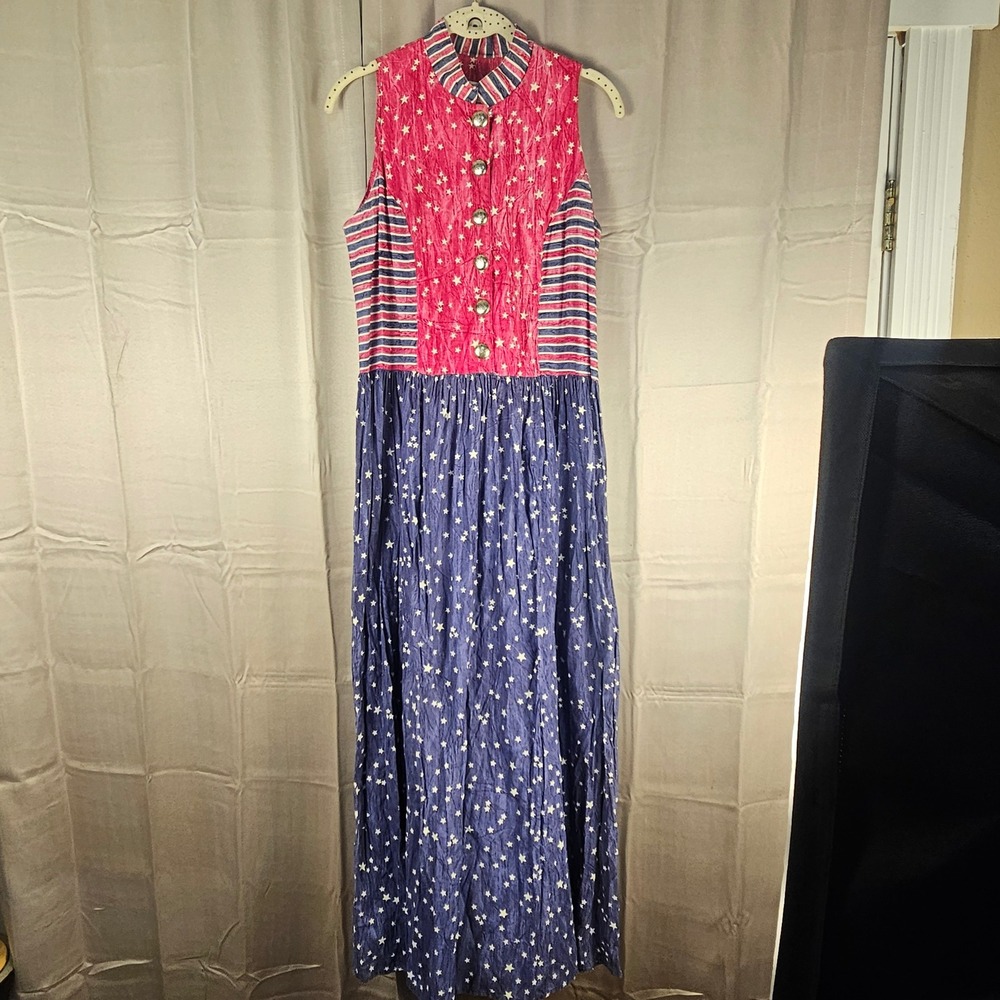 Vintage Lee West Of Fort Worth Stars Stripes Sleeveless Western Maxi Dress Large